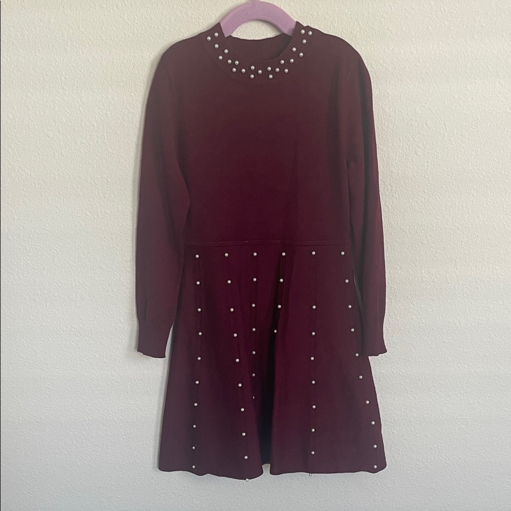 Girls Burgundy Dress with Pearl Accents